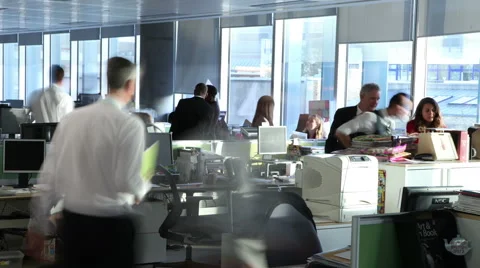 Time lapse of busy city office workers working together in large modern office Stock Footage