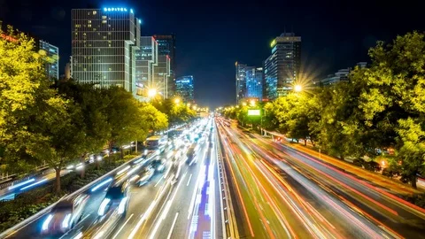 Time lapse of busy freeway traffic at night in beijing city，china Видео 78713753