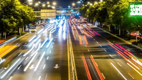 Time lapse of busy freeway traffic at night in beijing city，china Stock Footage 78713804