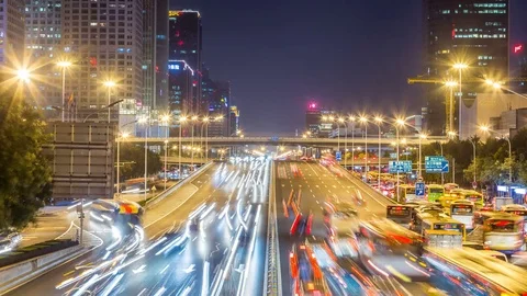Time lapse of busy freeway traffic at night in beijing city，china Stock Footage 78714063