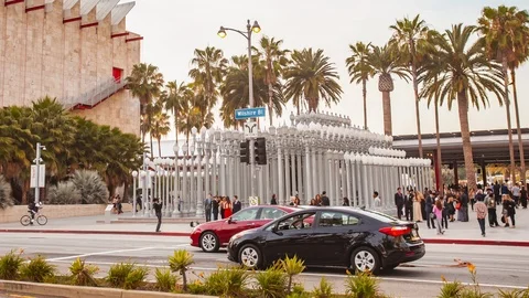 Time lapse of busy Los Angeles street or LACMA and cars with palm trees Stock Footage