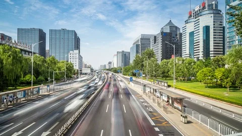 Time lapse of busy traffic and modern buildings in Beijing city , China. Stock Footage 78715352