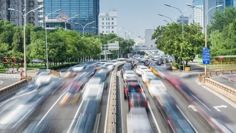 Time lapse of busy traffic and modern buildings in Beijing city , China. Видео 78715872