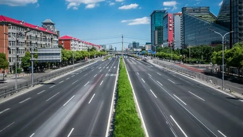 Time lapse of busy traffic and modern buildings in Beijing city , China. Stock Footage 78718436