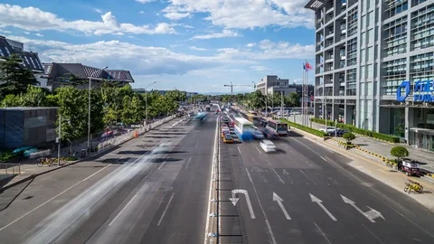 Time lapse of busy traffic and modern buildings in Beijing city , China. Stock Footage 78718496