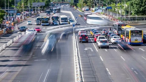 Time lapse of busy traffic and modern buildings in Beijing city , China. Stock Footage 78718594