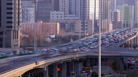 Time lapse of busy traffic on Third Ring Road of Beijing at evening Stock Footage 159490028
