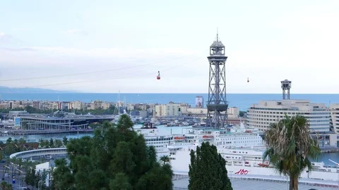 Time lapse cable way red cabins move over Port Vell harbour, Barcelona Stock Footage 102836105