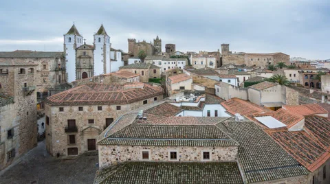 Time Lapse of Caceres down town with tourists at sunset, top view Stock Footage 48630495