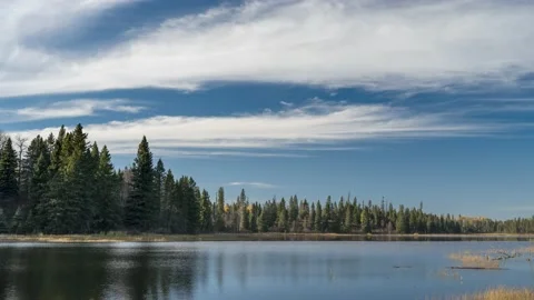 Time lapse of calm lake with fall colors and a blue sky with white clouds. Stock Footage 163293073