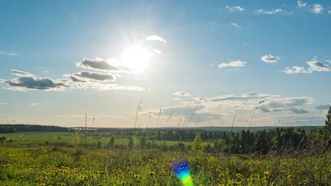 Time lapse with camera movement, hyperlapse sunset in a field in summer Stock Footage 146438515