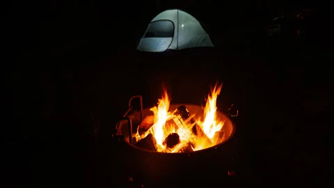 Time Lapse of Campfire and Illuminated Dome Tent Stock Footage 280811676