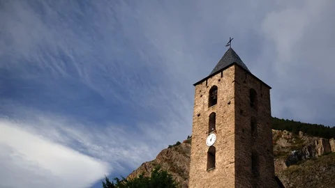 Time Lapse of Canillo Old Town with Sant Serni Church Tower Pyrenees Mountains Video stock 95244403