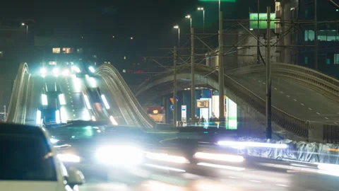 Time lapse car traffic intersection road at night, busy town highway rush hour Stock Footage 304285980