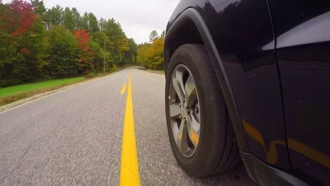 TIME LAPSE: Car tyre driving along double yellow line toad trough autumn forest Stock Footage 80035462