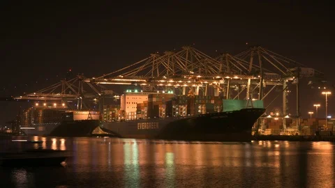 Time Lapse Cargo Ship Loads, Port of Los Angeles Stock Footage 90498616