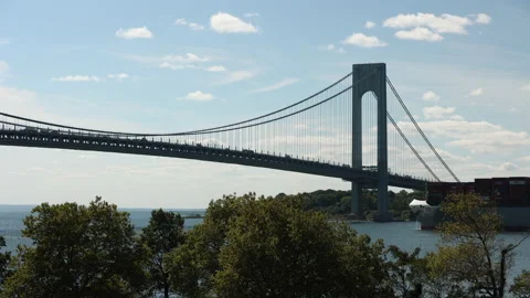 Time Lapse of Cargo ship passing under Verrazano bridge. Bay Ridge Brooklyn. Stock Footage 220732718