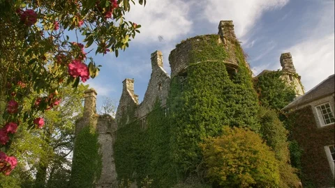Time lapse of a Castle Surrounded by Ivy and flowers on a Cloudy day Vídeo Stock 119697086