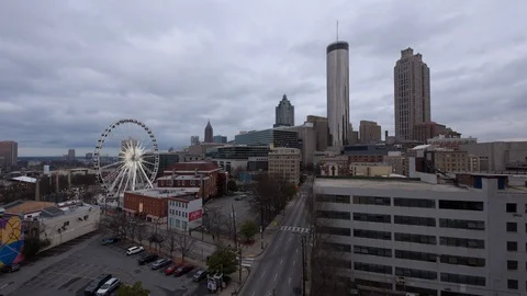 Time-lapse of Centennial Olympic Park roads and buildings during dusk Stock Footage 116596750