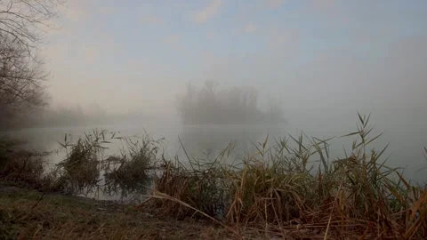 Time lapse of changing morning light on foggy lake. 4k Video stock 324755291