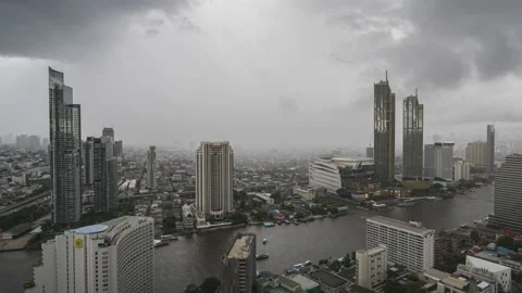 Time lapse of Chao Phraya river and Bangkok skyline on rainy day Stock Footage 229690155