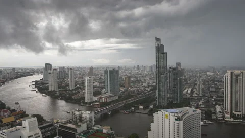 Time lapse of Chao Phraya river and Bangkok skyline on rainy day Stock Footage 229690290