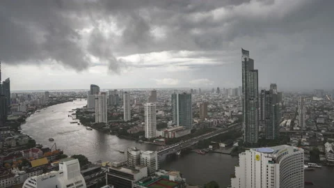 Time lapse of Chao Phraya river and Bangkok skyline on rainy day Stock Footage 229690415