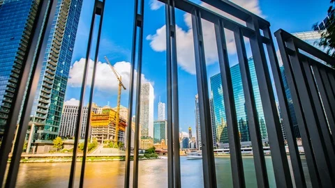 Time Lapse - Chicago Cityscape behind the Railing Fence - 4K Stock Footage 97841961