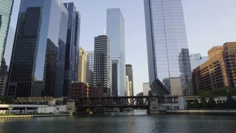Time-lapse of Chicago River with Buildings, Boats, and Trains, Summer Day Stock Footage 137334238