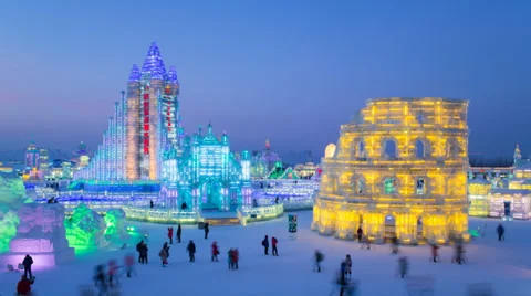 Time lapse - China, Heilongjiang Province, Harbin, Snow & Ice World Festival Stock Footage