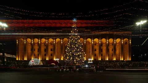 Time lapse of christmas tree in front of the Parliament of Georgia. New Year Video stock 227952704