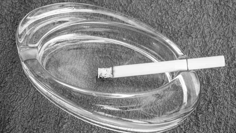Time Lapse. A cigarette burns in an ashtray. Black and white video. 4k. Stock Footage 105314574