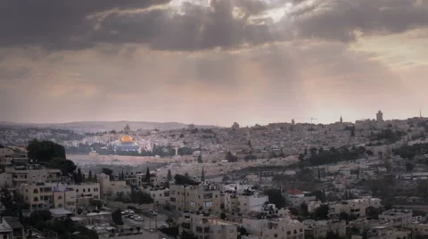 Time-lapse of the city and sun rays from the BYU Jerusalem center. Cropped. Stock Footage 54133250