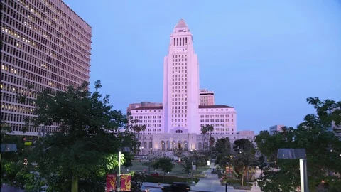 Time lapse city hall los angeles downtown at sunset V24K Stock Footage 108692660