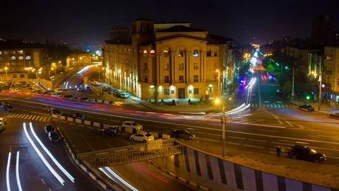 Time lapse cityscape traffic with motion blur pictures . Yerevan at night. Stock Footage 81884389