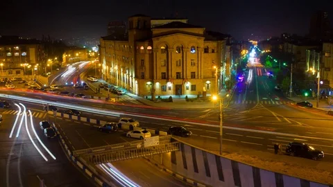 Time lapse cityscape traffic with motion blur pictures . Yerevan at night. Stock Footage 81884770