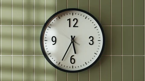 Time-lapse classic wall clock indoors, green olive tiles, shadows window blinds Stock Footage 295196985