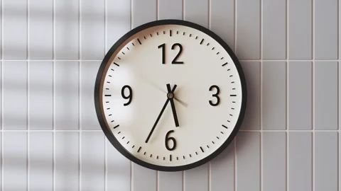 Time-lapse classic wall clock indoors, light blue tiles, shadows window blinds Stock Footage 295196996