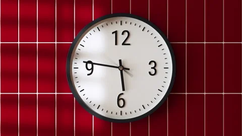 Time-lapse classic wall clock indoors, red color tiles, shadows window blinds Stock Footage 295780199