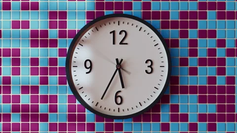 Time-lapse classic wall clock indoors, colorful tiles, shadows window blinds Stock Footage 295780262