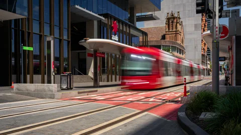 Time lapse clip of the light rail in Parramatta close to Sydney Stock Footage 336442813