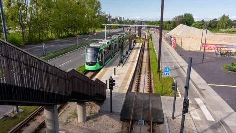 Time lapse clip of the light rail in the suburbs of Copenhagen Stock Footage 340458564