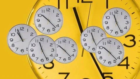 Time lapse clock, six white clocks with black numbers show hours in time laps Stock Footage 154255946