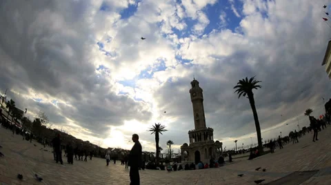 Time lapse clock tower, beautiful clouds and crowded pedestrian at city square Stock Footage 34230587