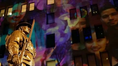 Time lapse close up solder at Cenotaph and Sydney VIVID light projection 4K Stock Footage 310485076