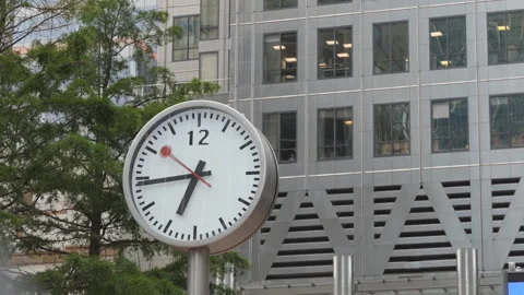 Time lapse. A closer view of a street clock in a financial area. Video stock 112957130