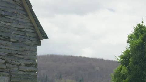 Time lapse cloud passing between shed house and coniferous tree with distant top 動画素材 275303134