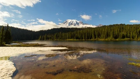 Time lapse of clouds and sky over Mt Rainier with reflection in Washington State Stock Footage 91798630