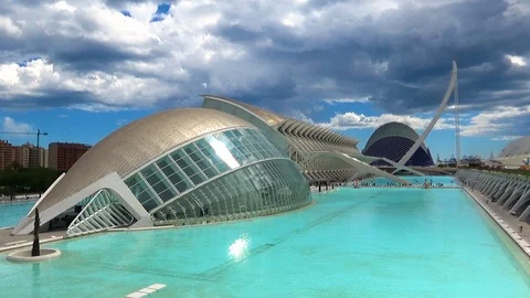 Time lapse of clouds and sunrays over the Ciutat de les Arts in Valencia 5X Stock Footage 106835541