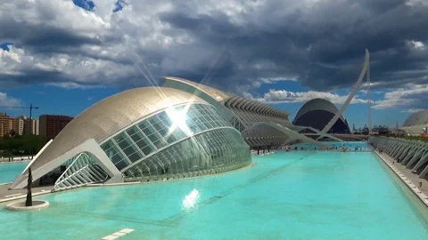 Time lapse of clouds and sunrays over the Ciutat de les Arts in Valencia 50X Stock Footage 106835579